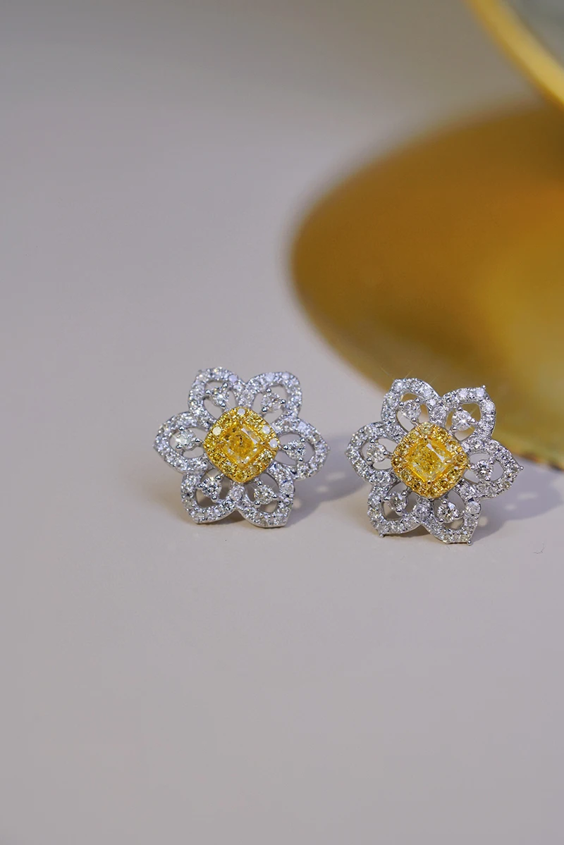 KUGG 18K White Gold Earrings Vintage Flower Design 1.3carat Real Natural Yellow Diamond Earrings for Women High Party Jewelry