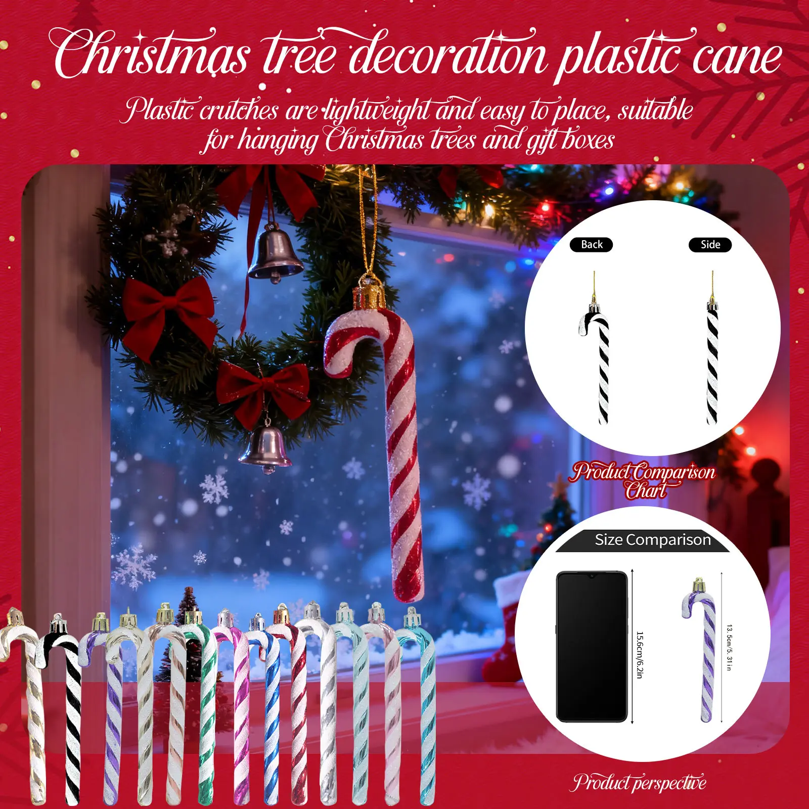 Paquete de 6 adornos de bastón de caramelo con purpurina: decoración colgante de árbol de Navidad de plástico para recuerdos de fiesta navideña y detalles festivos en el aula