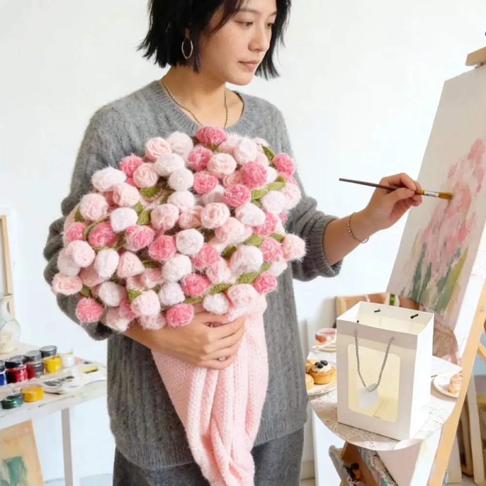 Artistic Crochet Rose Blanket Pink Flower Bouquet Throw Soft Handmade Knitted Wrap Stylish Home Decor Gift For Valentine Day