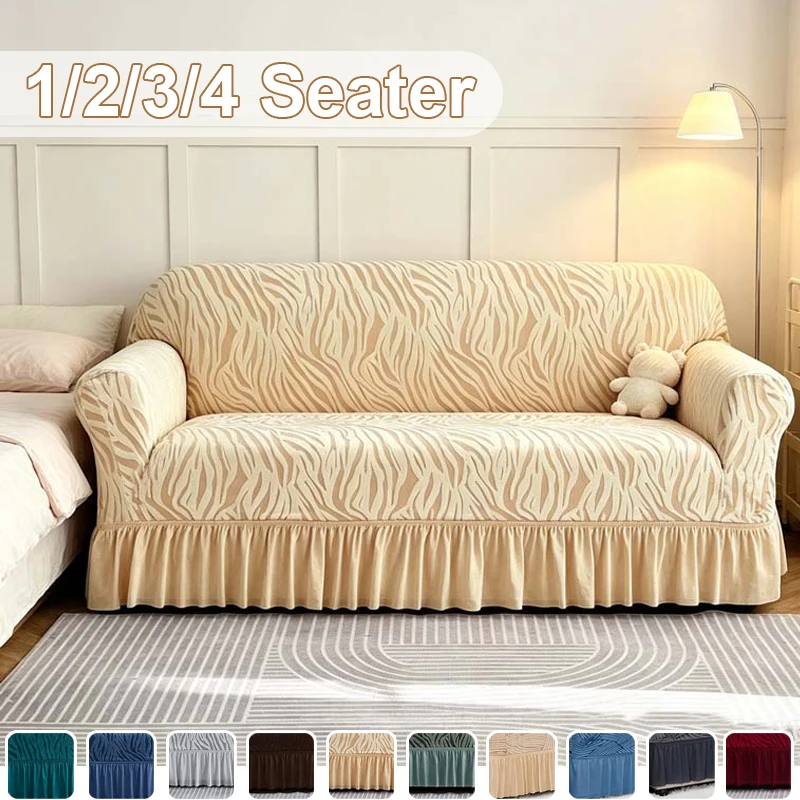 1pc Thick Jacquard Stretch Sofa Cover Full Wrap Dustproof Slipcover Anti-Slip Skirted Couch Protector for 1-4 Seater Living Room