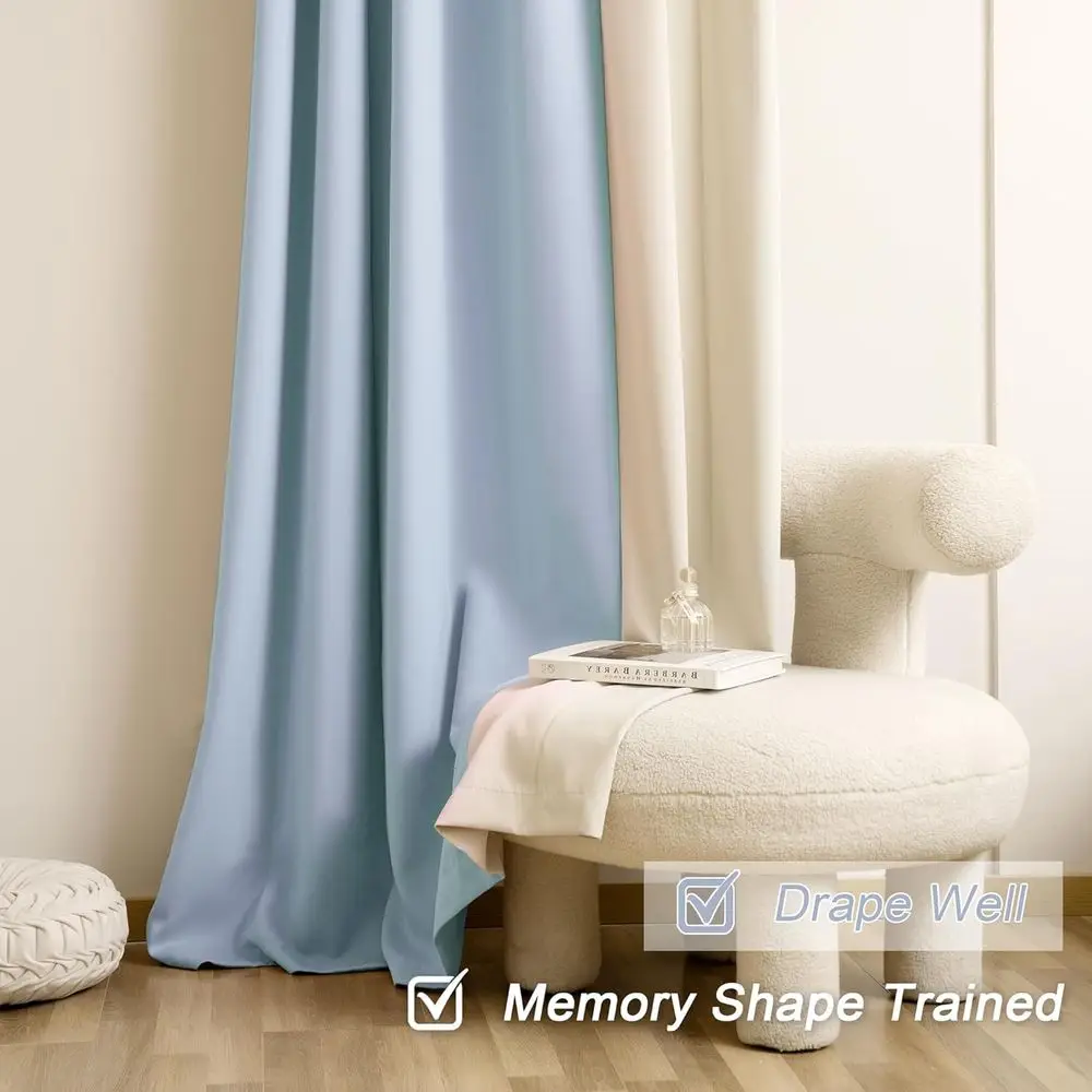 90 Beige und Macaron-blaue Pinch-Faltenvorhänge für Schlafzimmer/Kinderzimmer, raumverdunkelnde zweifarbige, maßgeschneiderte Faltenvorhänge, W42xL90, 2er-Set