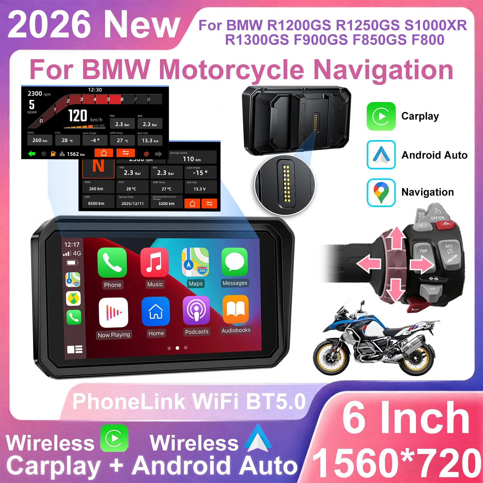 6 inch For BMW motorcycle R1200GS R1250GS R1300GS R1000 XR S1000 Wireless Carplay Android auto GPS Navigation Screen Accessories