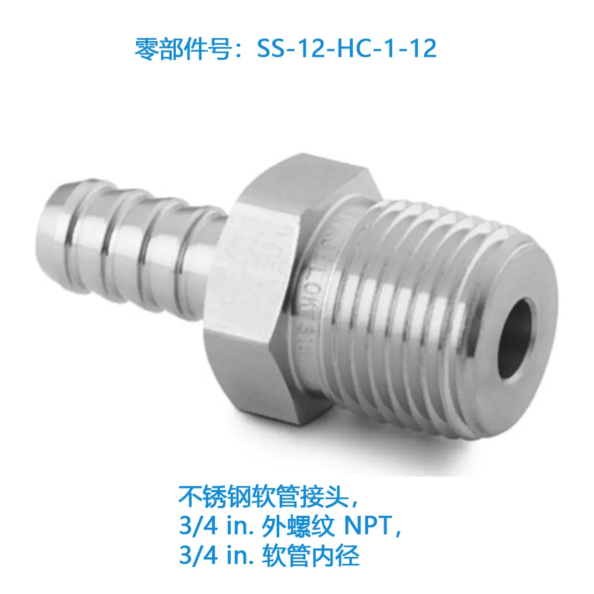 (SS-12-HC-1-12) Stainless Steel Hose Connector, 3/4-inch External Thread NPT