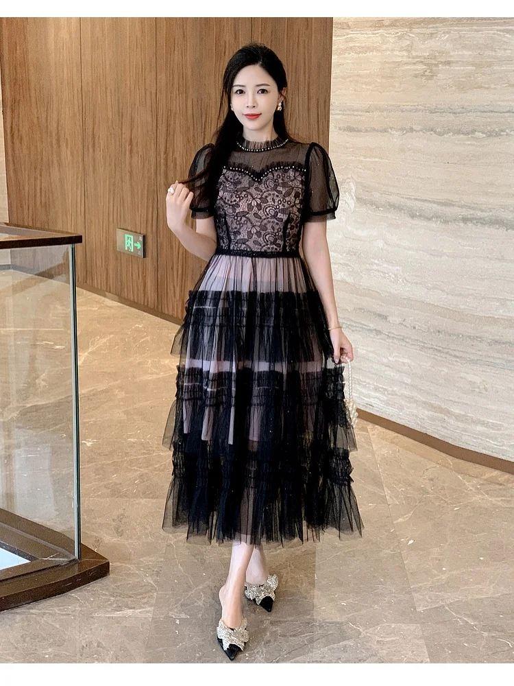 

SMTHMA New Fashion Summer 2024 Elegant Slim and Gentle Style Lace Dress Women's Fairy Tea Break Ruffle Long Dress
