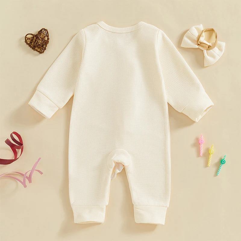 Newborn Girl Fall Ruffled Romper Letter Print Long Sleeve Crew Neck Full Lenth Jumpsuit with Bow Headband