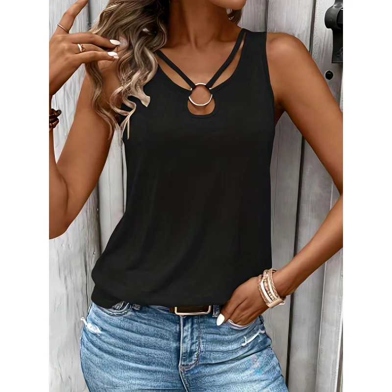 Women'S Y2K Stretchy Sleeveless Cami Top with Ring Accent & Cut-Out Details - Solid Sleeveless Blouse Daily Wear