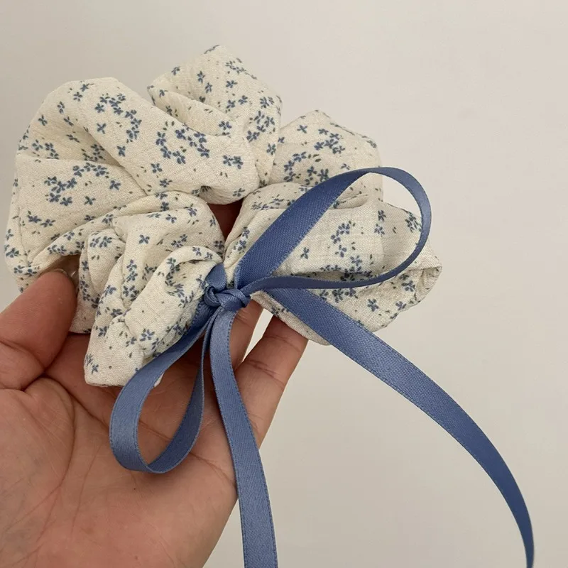 Korean Style Gentle Blue Floral Large Intestine Hair Band Female High Sense Large Size BunHair Band Headband Hair Accessories