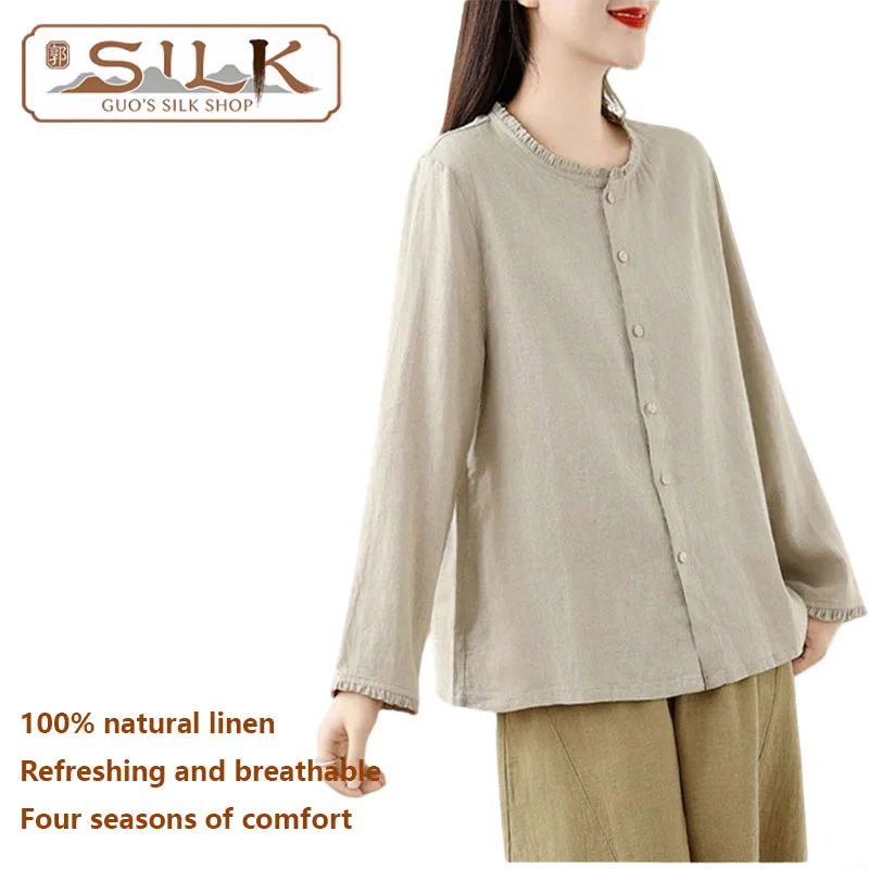 

Женская рубашка из натурального льна – повседневный топ с длинным рукавом в простом стиле, дышащая и влагоотводящая, комфортная рубашка для повседневной носки