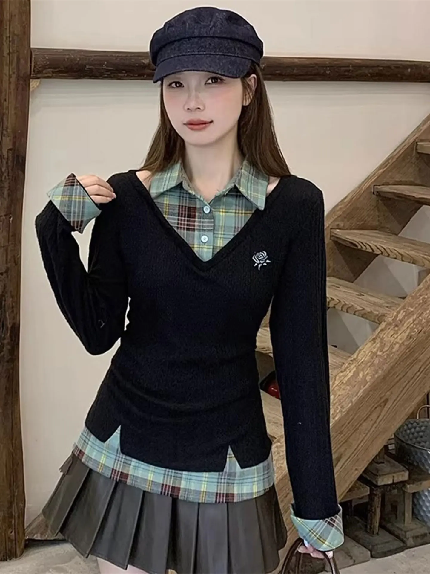 

Slim Fit Long Sve Knitted irt Women's Plaid Patchwork Design Casual Sle Spring Season plus Size Faion Top