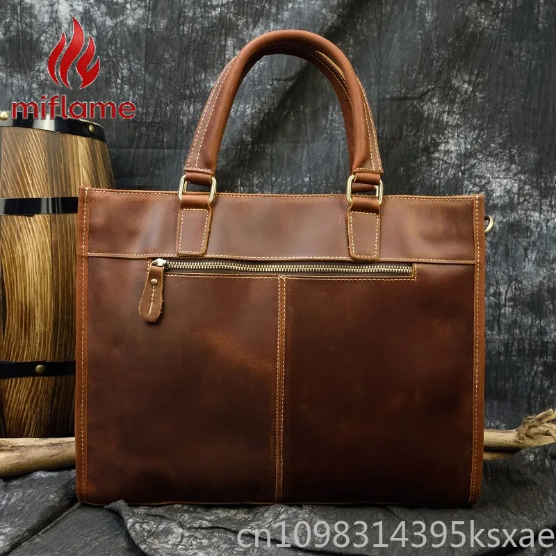 Men's Vintage Leather Briefcase Full Grain Crazy Horse Leather Laptop Bag Business Shoulder Handbag