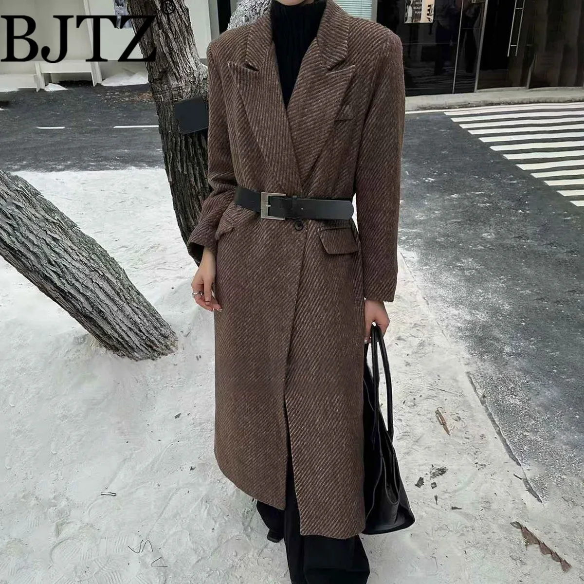 

BJTZ Women’s Herringbone Designer Coat 2025, Casual Elegant Minimalist Premium Comfortable Cozy Warm Wool Blend Fall Winter Long