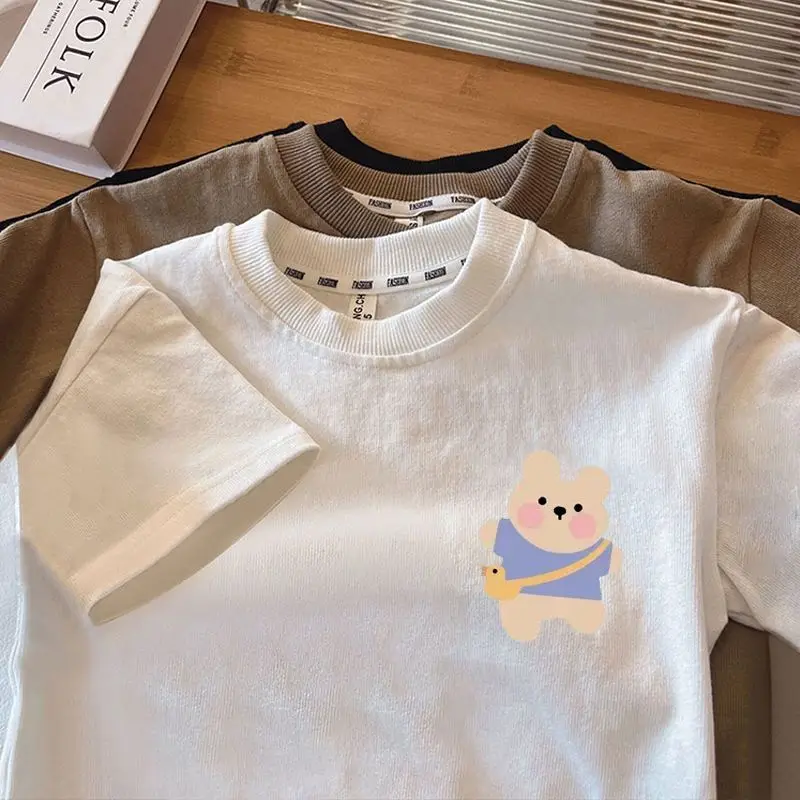 Summer New Boys Pullovers Crew Neck Cartoon Printed All-match Fashion Loose Comfortable Short Sleeve Pure Cotton T-shirt Tops