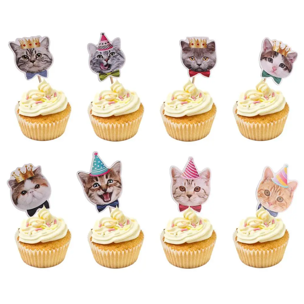

8pcs Cat Theme Supplies Cute Cat Face Insert Card Disposable Non Toxic Cat Cupcake Toppers DIY Single Side Cake Flag
