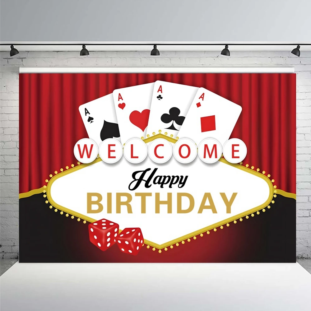 Las Vegas Casino Night Photography Backdrop Playing Card Golden Glitter Dice Casino Happy Birthday Party Photo Background ﻿Prop