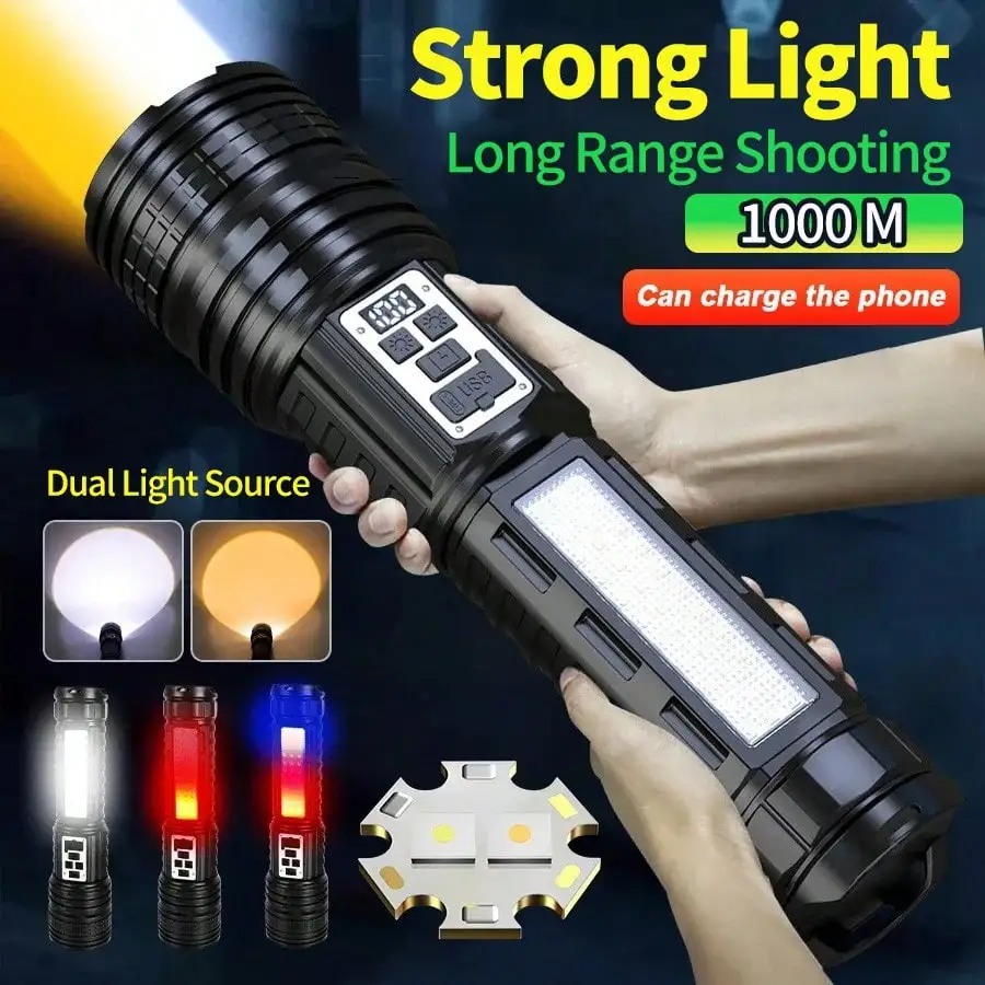 Super Big Flashlight USB Rechargeable Most Strong LED Flash Light Long Range Torch Zoom Outdoor With Digital Power Display