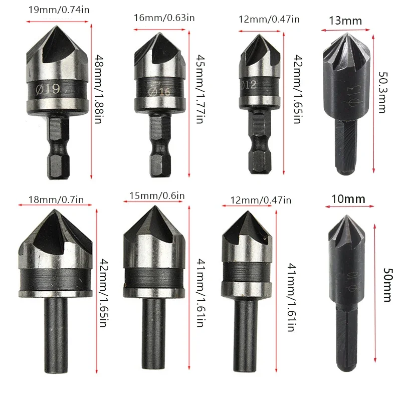 2/3pcs 12/16/19mm 5/7 Flute 90 Degrees Chamfer Drill Bit Set Wood Working Carbon Steel Drill Bit Cutter Countersink Drill Bit