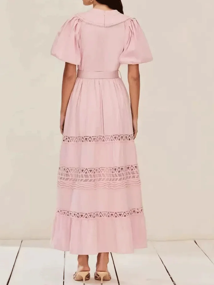 Spring and summer 2026 new V-neck stitching lace openwork design bubble sleeve waist dress fashion elegant temperament long skir