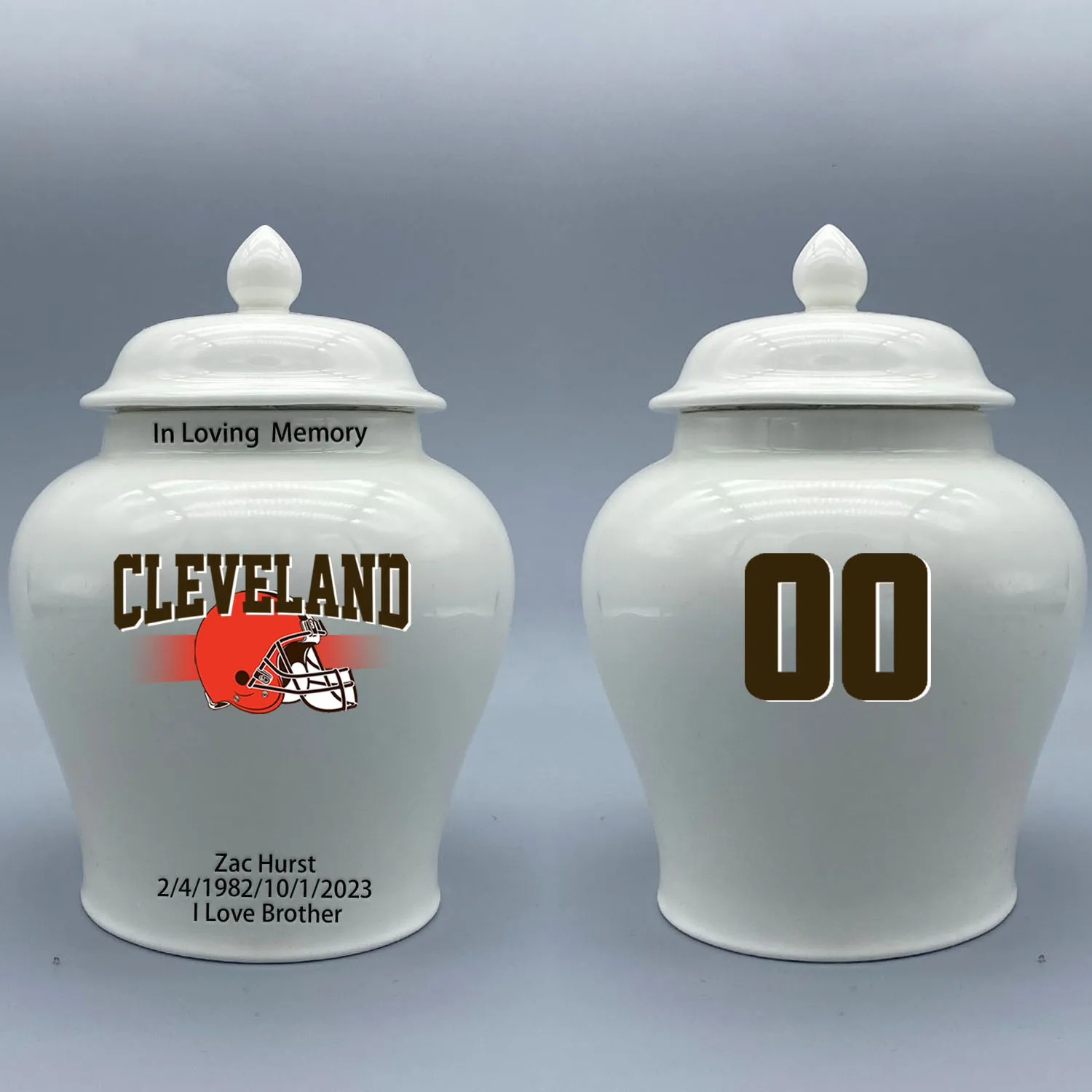 

Medium Urn for Cleveland Browns-themed Logo Urn.Please send me the customize information-name/date and number on the urn