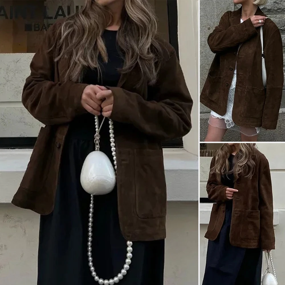 

Элегантная коричневая замшевая куртка для женщин, осенняя модная верхняя одежда, модное женское пальто в уличном стиле с карманами и пуговицами