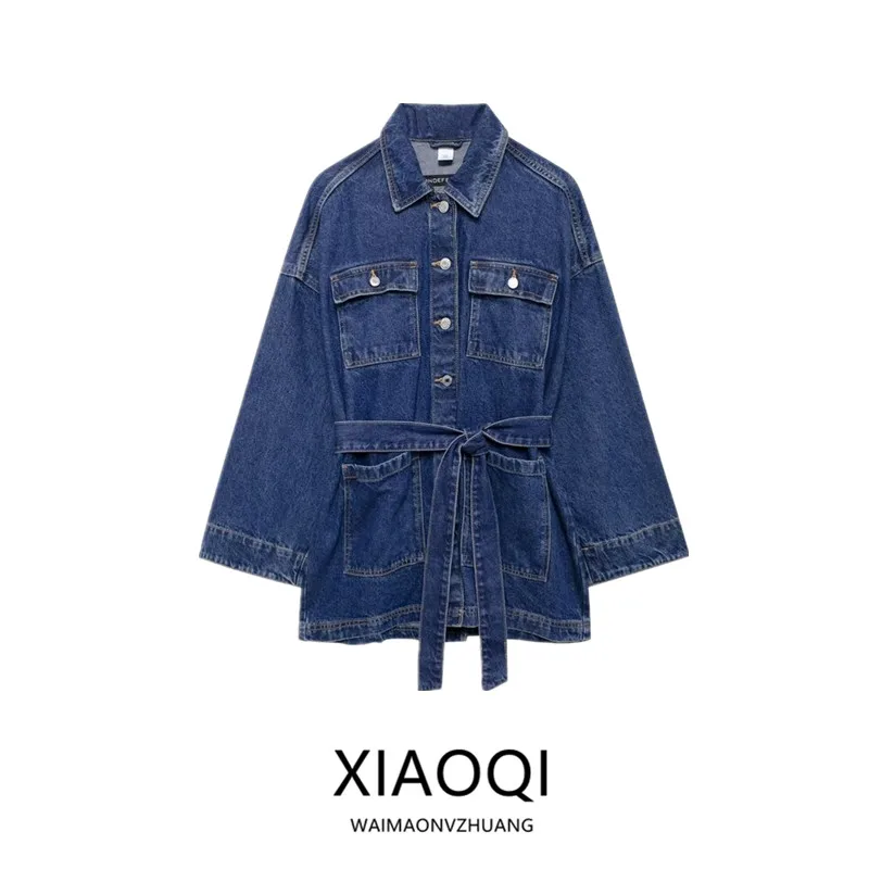 Fall 2024 Women's plus Size Denim Jacket with Waist Cinching Belted Flip Collar Casual Comfortable Fit Outerwear