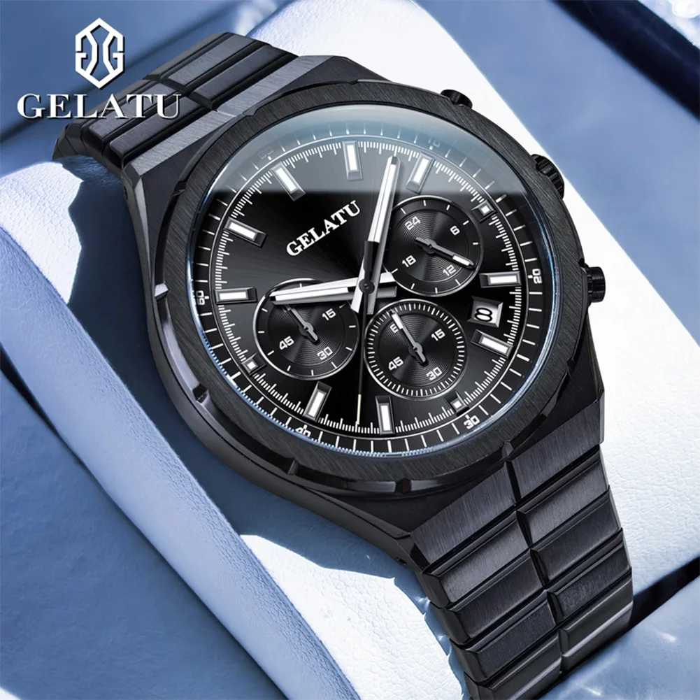 

GELATU 8001 Quartz Watch Man Top Brand Steel Strap Chronograph Watch For Men Calendar Waterproof Luminous Fashion Wristwatch