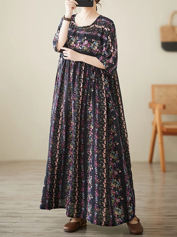 Estate New Sle Donna Plus Size Dr Striped Or Sve Maxi Dr Sweet Sle Loose Fit Misto cotone e lino Lungo Dr
