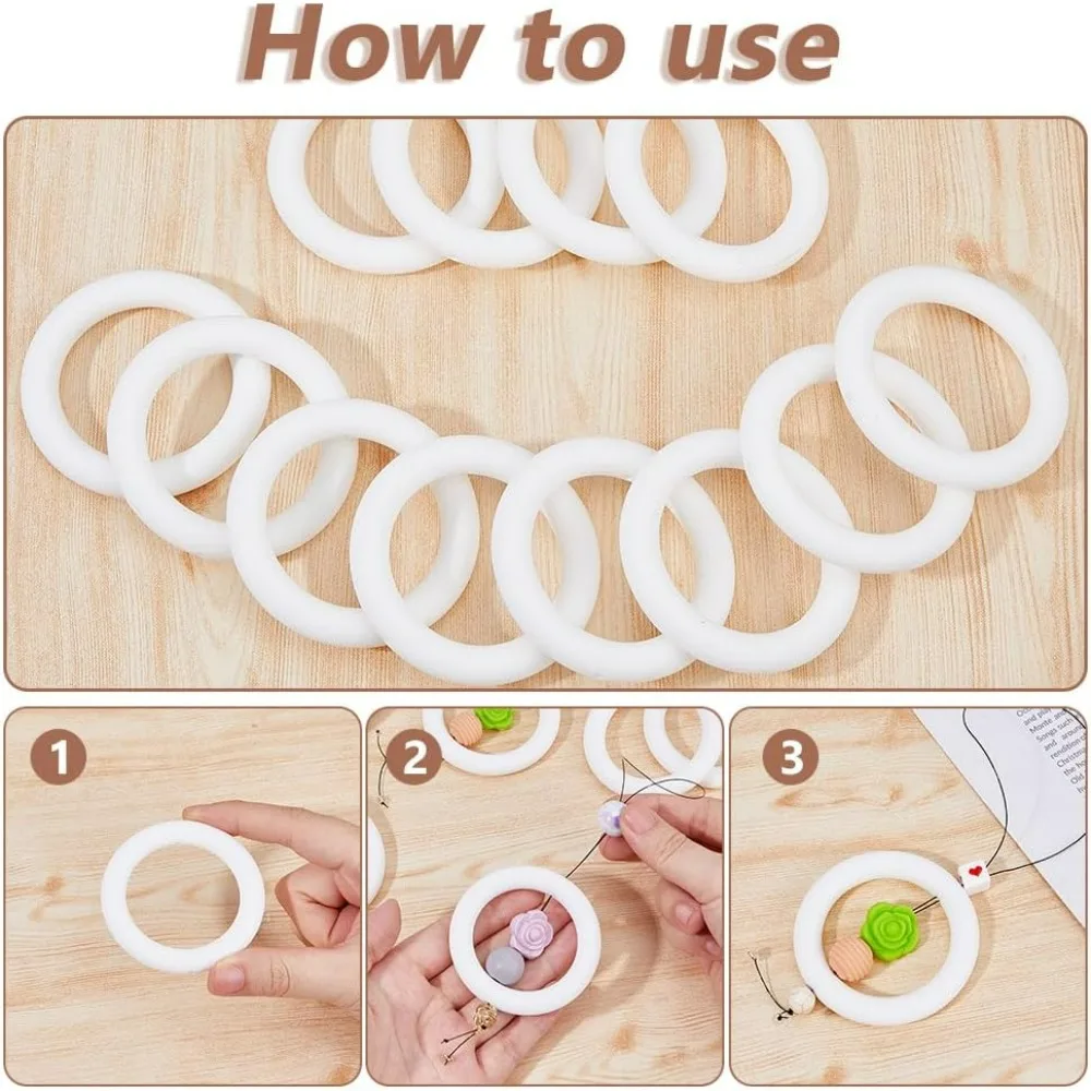 12 قطعة حلقة خرز سيليكون 65 مللي متر حلقة مستديرة مع 2 ثقب أبيض مطرز O خواتم الإطار البؤري سيليكون المعلقات لسلسلة المفاتيح