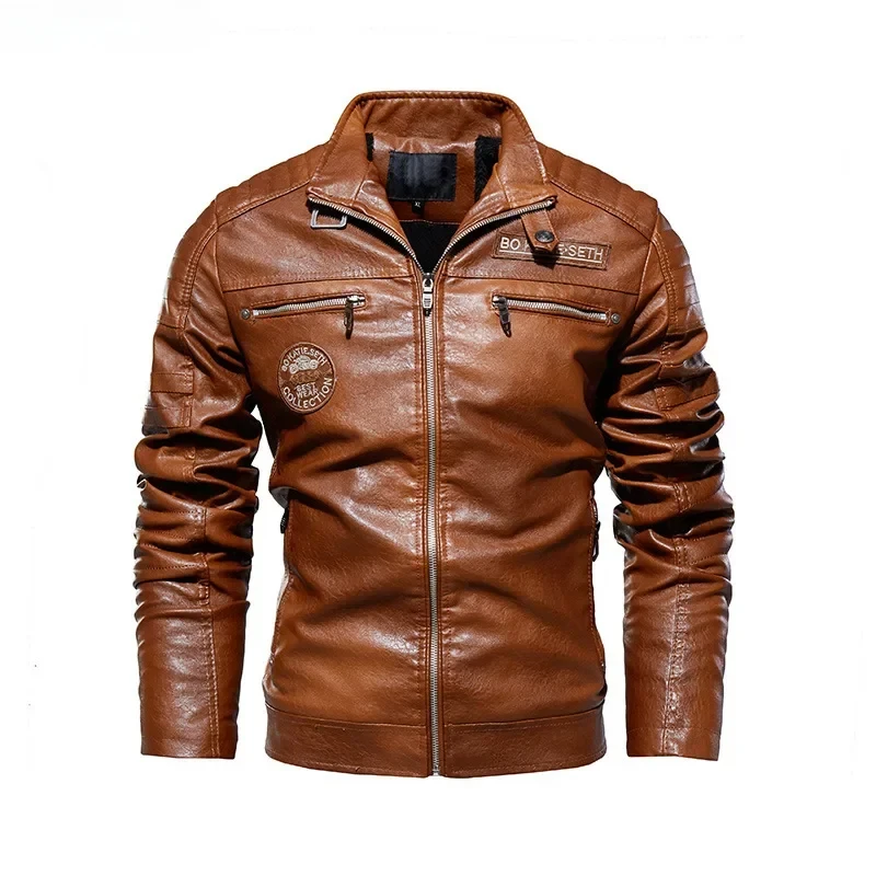 Winter Men's Leather Jacket Stand Collar Windproof Wool Thickened Warm Motorcycle Jacket High Street Hip-hop PU Leather Coats