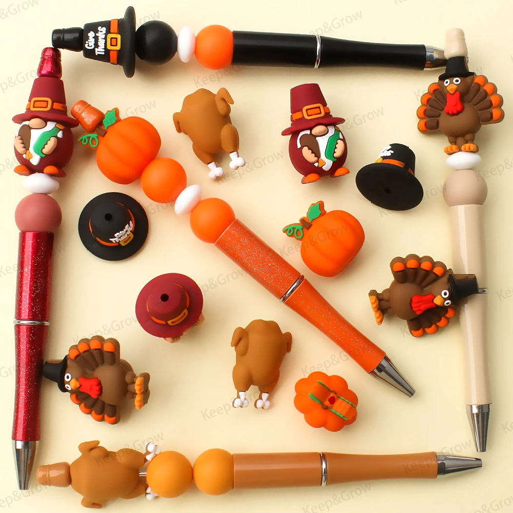 5/20/50Pcs Turkey Gnomes 3D Silicone Beads Thanksgiving Theme Focal Bead for DIY Pen KeyChain Jewelry Making Necklace Bag Decor
