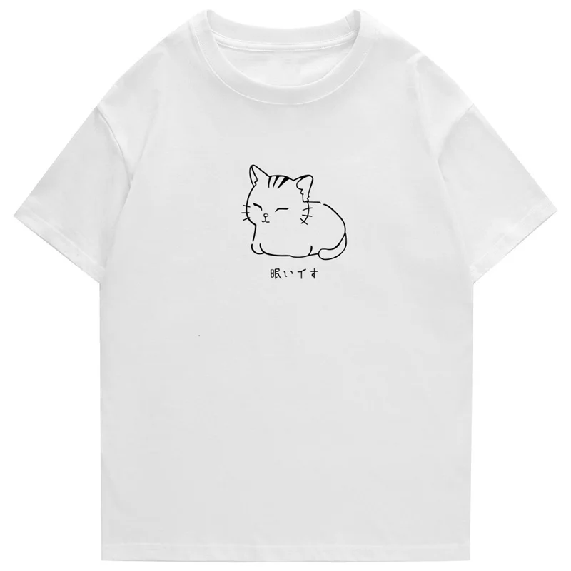 、Hip Hop T-Shirt Men Streetwear Japanese Kanji Funny Cat Printed T Shirt 2023 Men Harajuku Cotton Casual Short Sleeve Tshirt Top