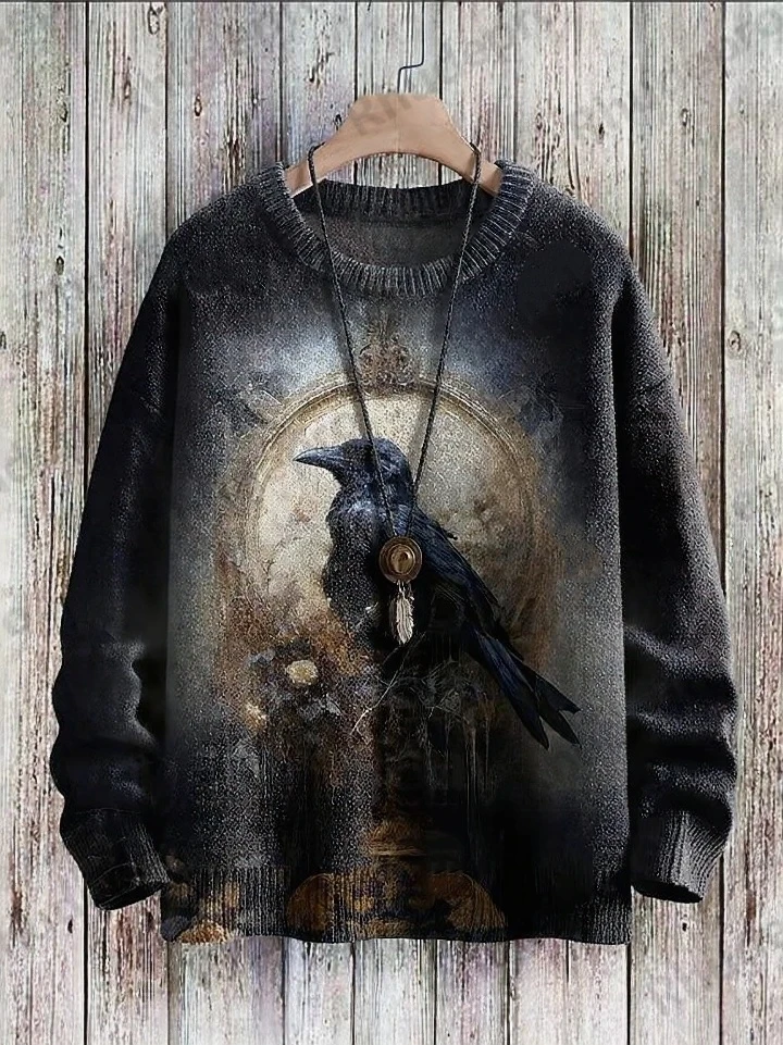 Halloween Bronze Mirror Crow Flowers Print Casual Knit Pullover Sweater Men's For Women's Pullover Hombre