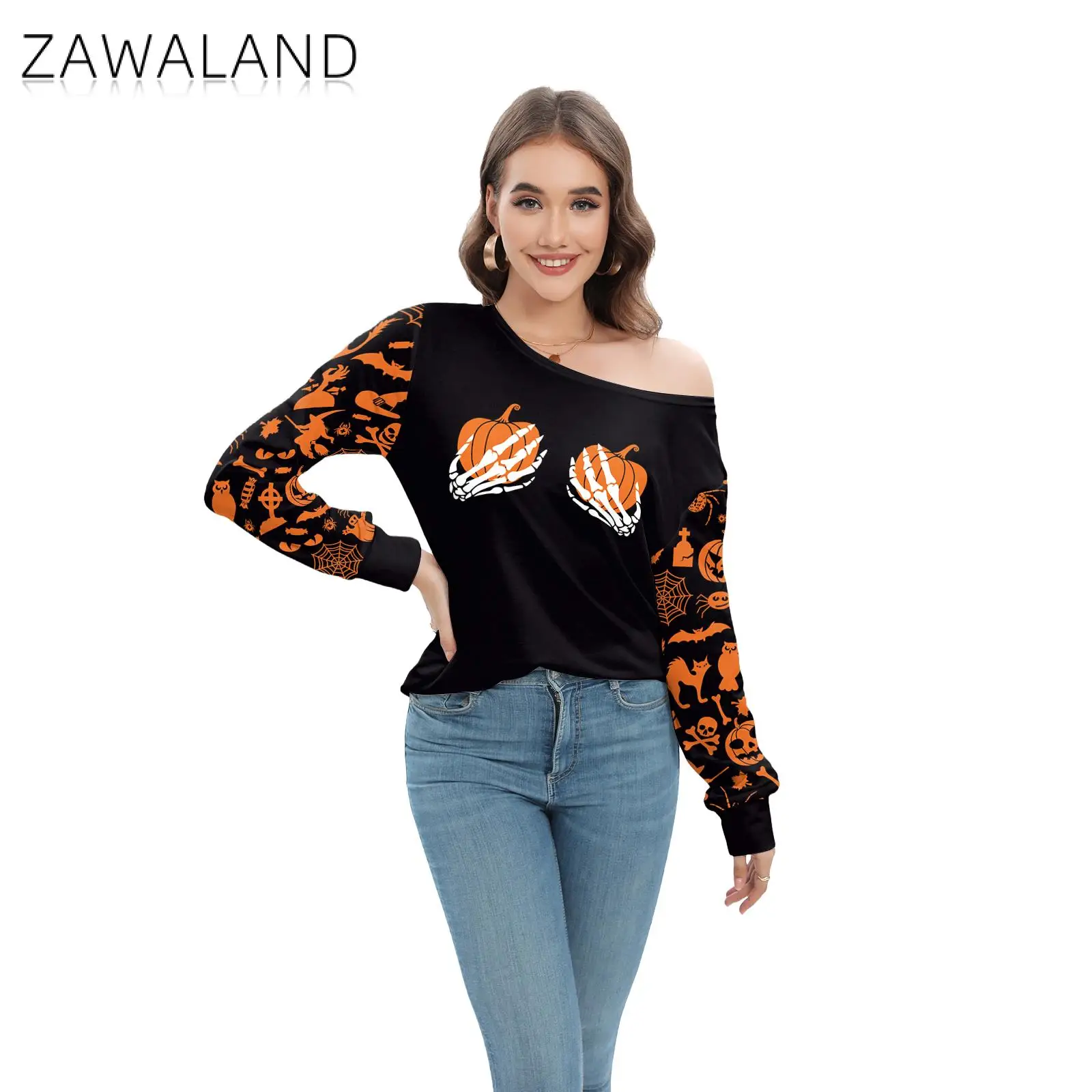 Zawaland Tops Women Halloween Irregular Shirts Tie-dye Pumpkin Printing Woman Slant Shoulder Collar Female Bluzka z długim rękawem