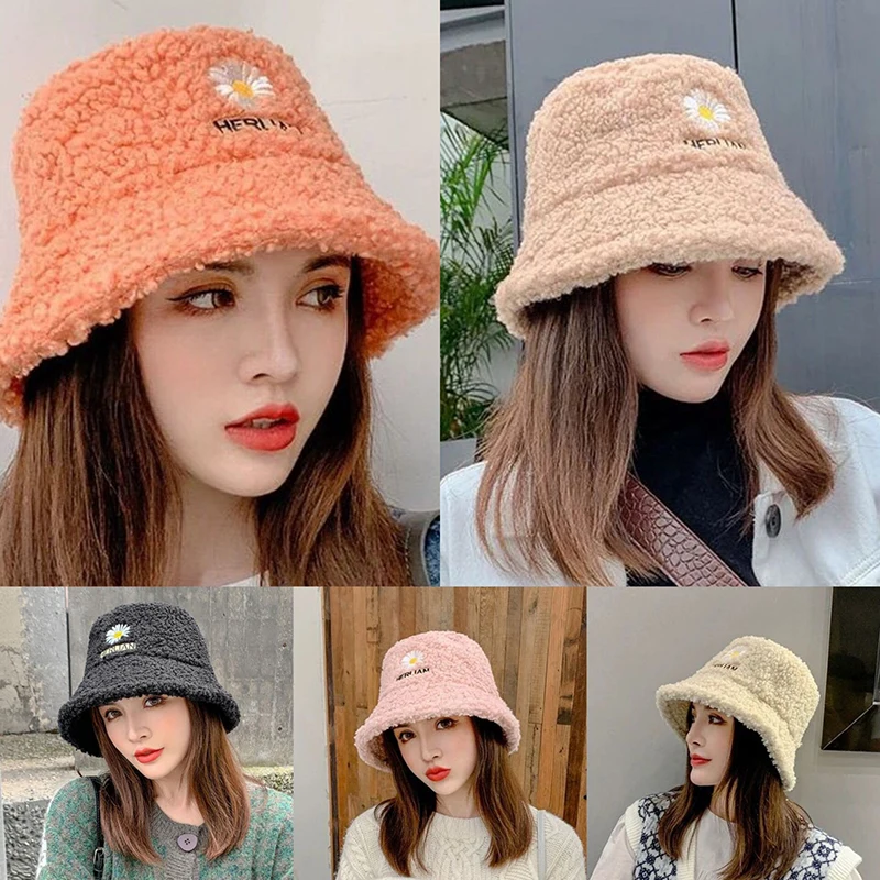 Lamb Faux Bucket Hat Winter Warm Plush Velvet Hats For Women Lady Thicken Bob Panama Outdoor Fisherman Hat Caps