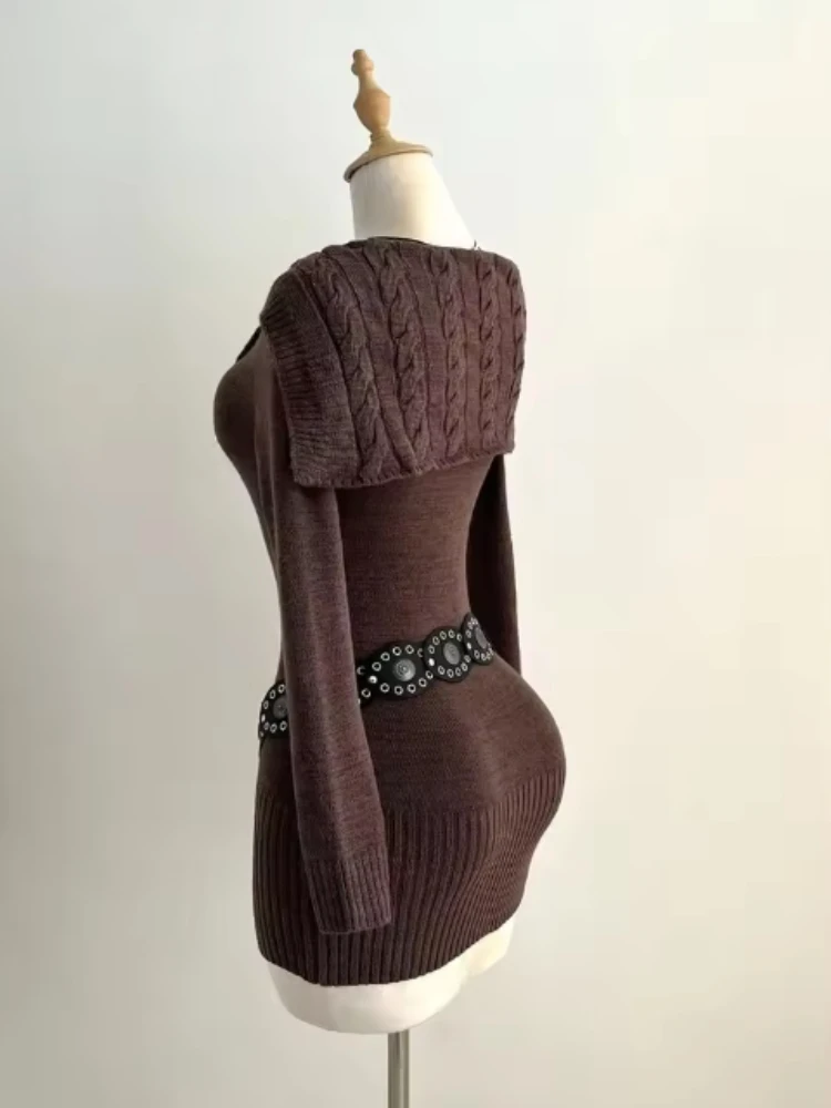 بلوزات غير مغطية للكتف متماسكة سترة عتيقة بني كم طويل سليم صالح تريكو البلوز الفرنسية الرجعية Y2k الخريف الشتاء وتتسابق 2025 #6