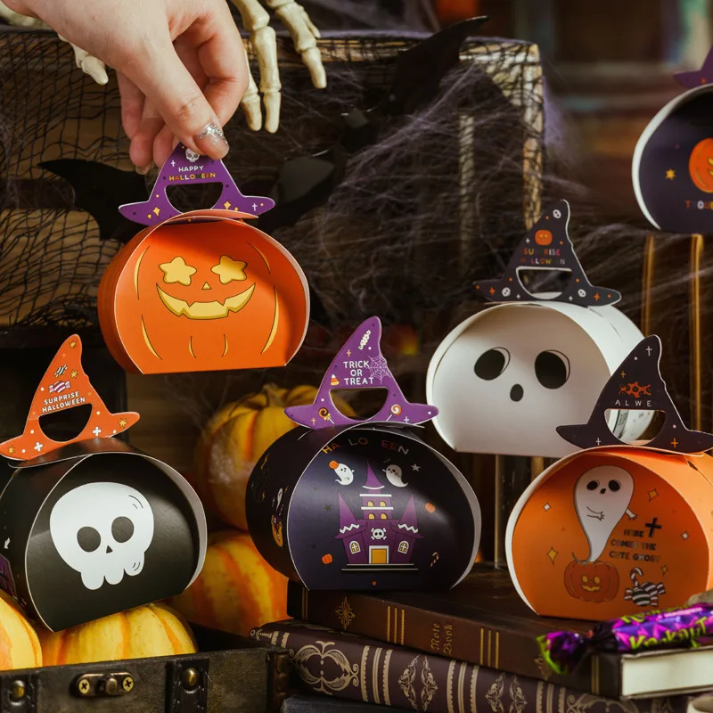 

10pc Halloween Candy Box Nougat Toffee Packaging Box Portable Handheld Snack Boxes Trick or Treat Children Party Gift Paper Bags