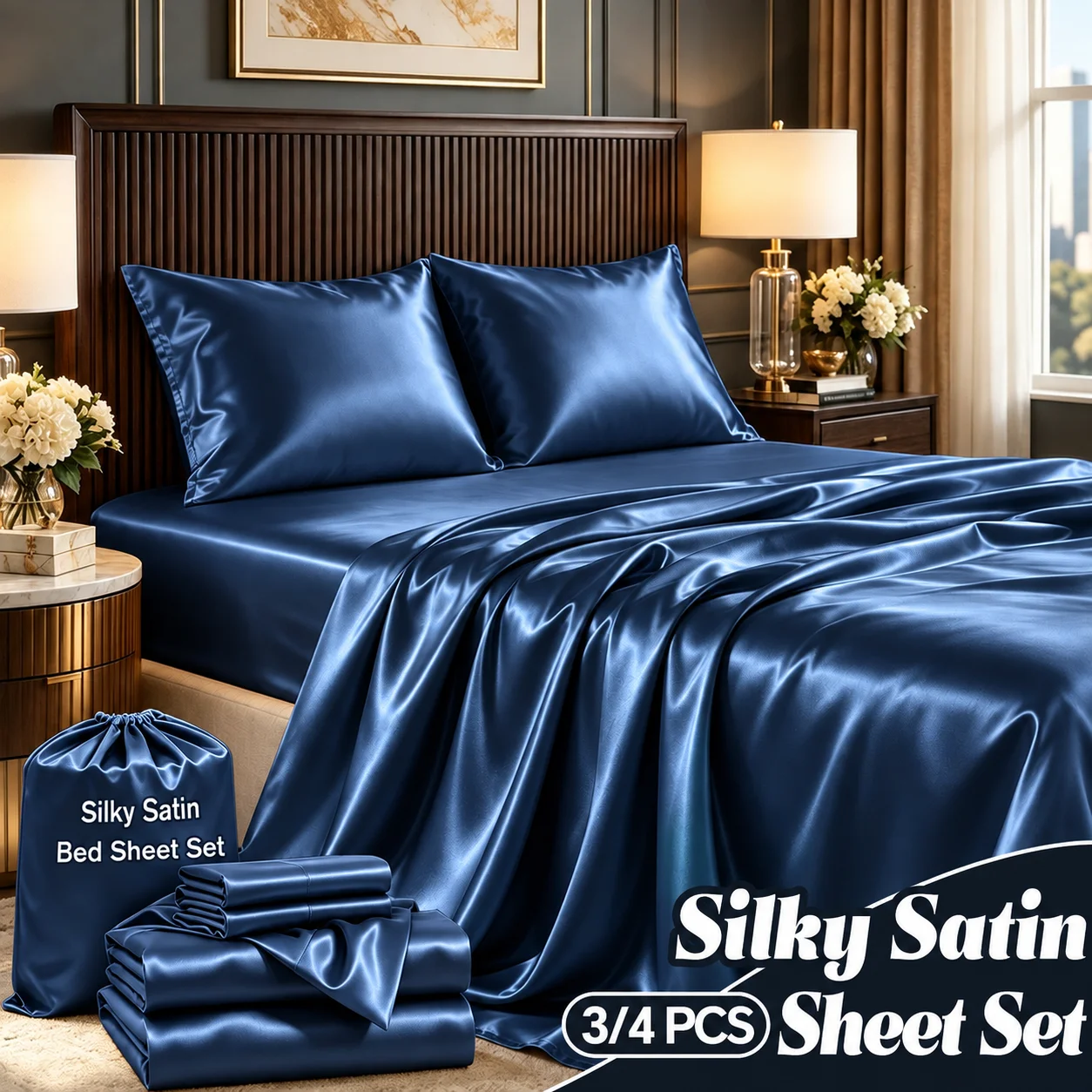 3/4pcs Luxury Satin Fitted Sheet Set 14-Inch Deep Pocket Sheet Set, Luxurious Satin for Elegant Bedroom Decor, Bed Sheet Set, Gentle on Skin and Hair,Comfortable & Breathable