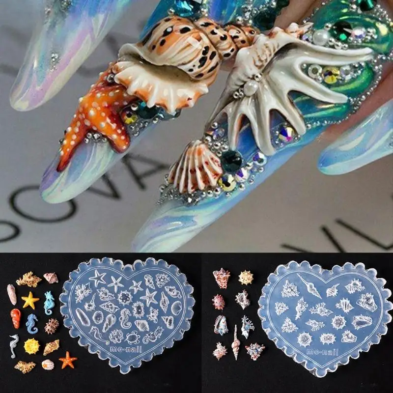 Sea Shell Starfish Fishtail 3D Silicone Nail Mold Jellyfish Conch Transparent Mold Nail Art Carving Template DIY Accessories