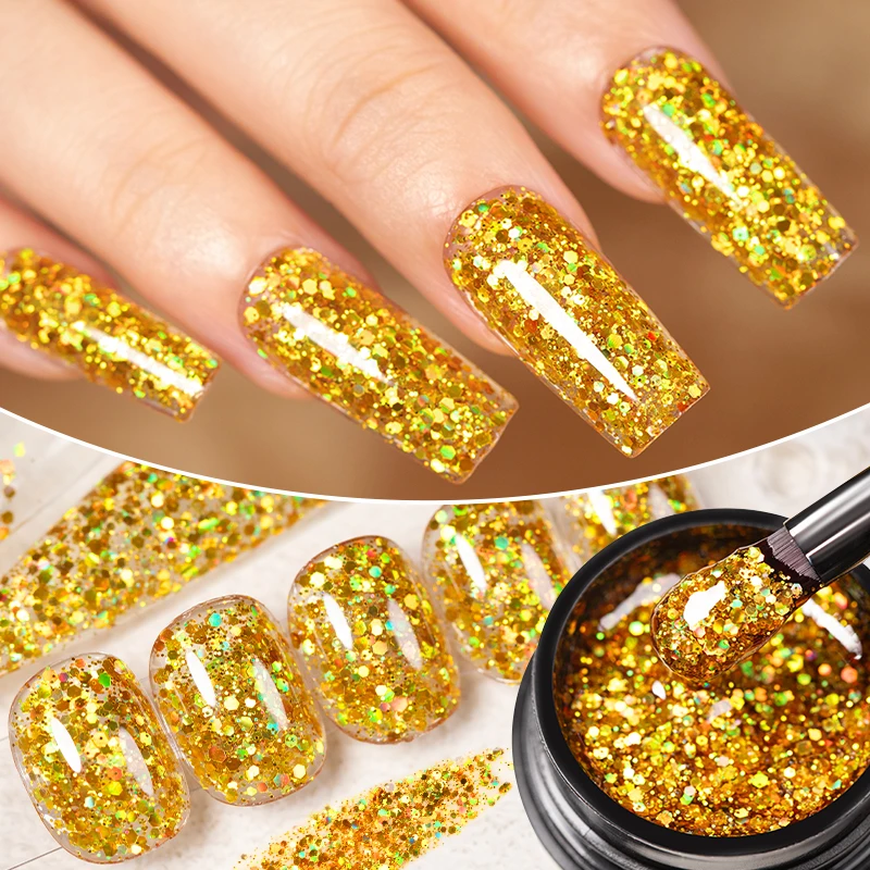 AWStorG 5ML Golden Glitter Reflective Nail Gel Polish Sparkling Nail Gel Crystal Glitter Graffiti Stripe Pull Line Nail UV Gel