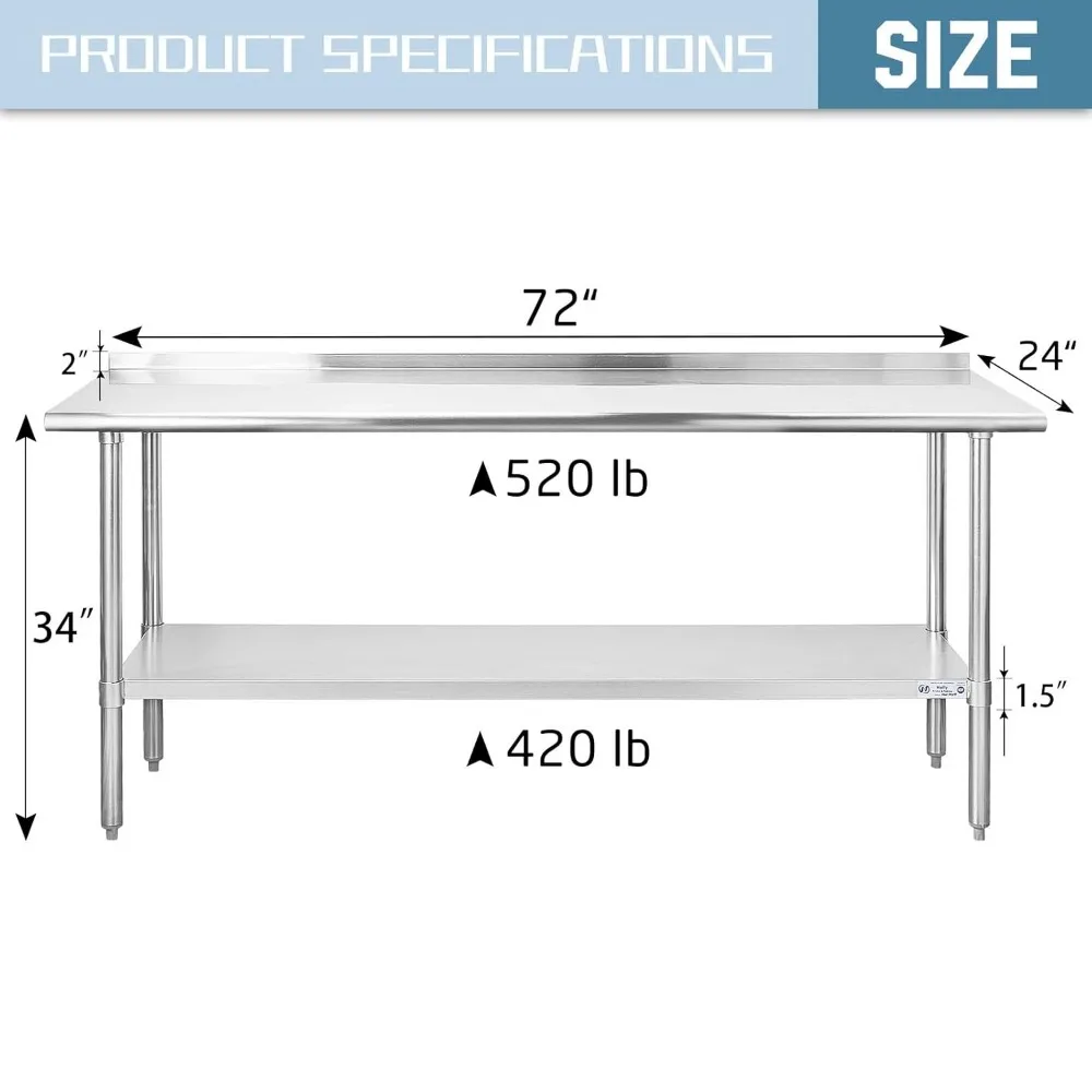 Mesa de aço inoxidável para preparação e trabalho Mesa comercial resistente com undershelf e backsplash para restaurante, casa e hotel