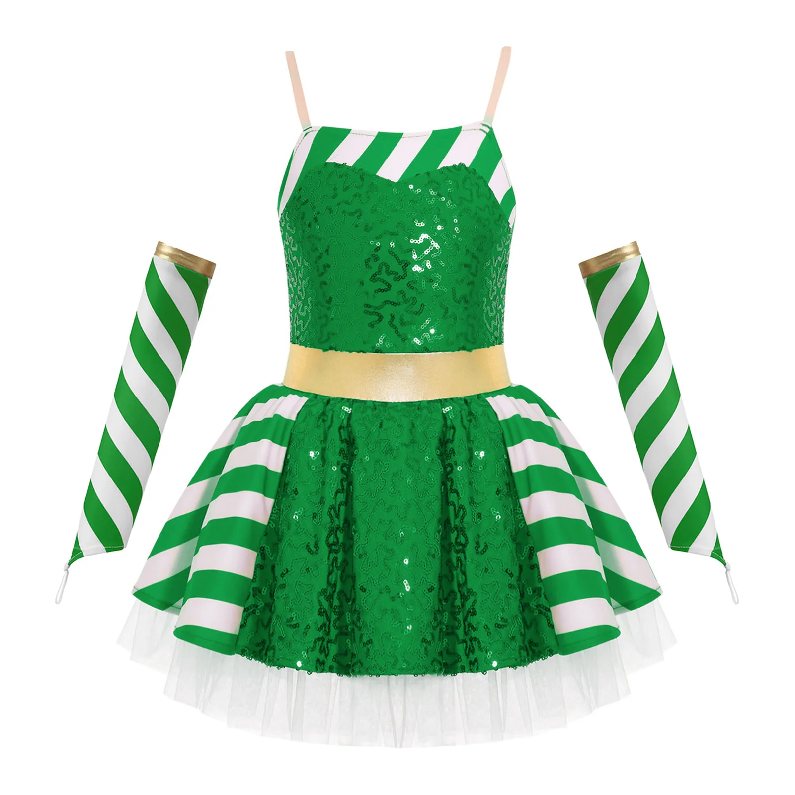 Girls Christmas Ballet Dance Figure Skating Dress Shiny Sequin Striped Tutu Leotard with Sleeves Holiday Carnival Party Costume