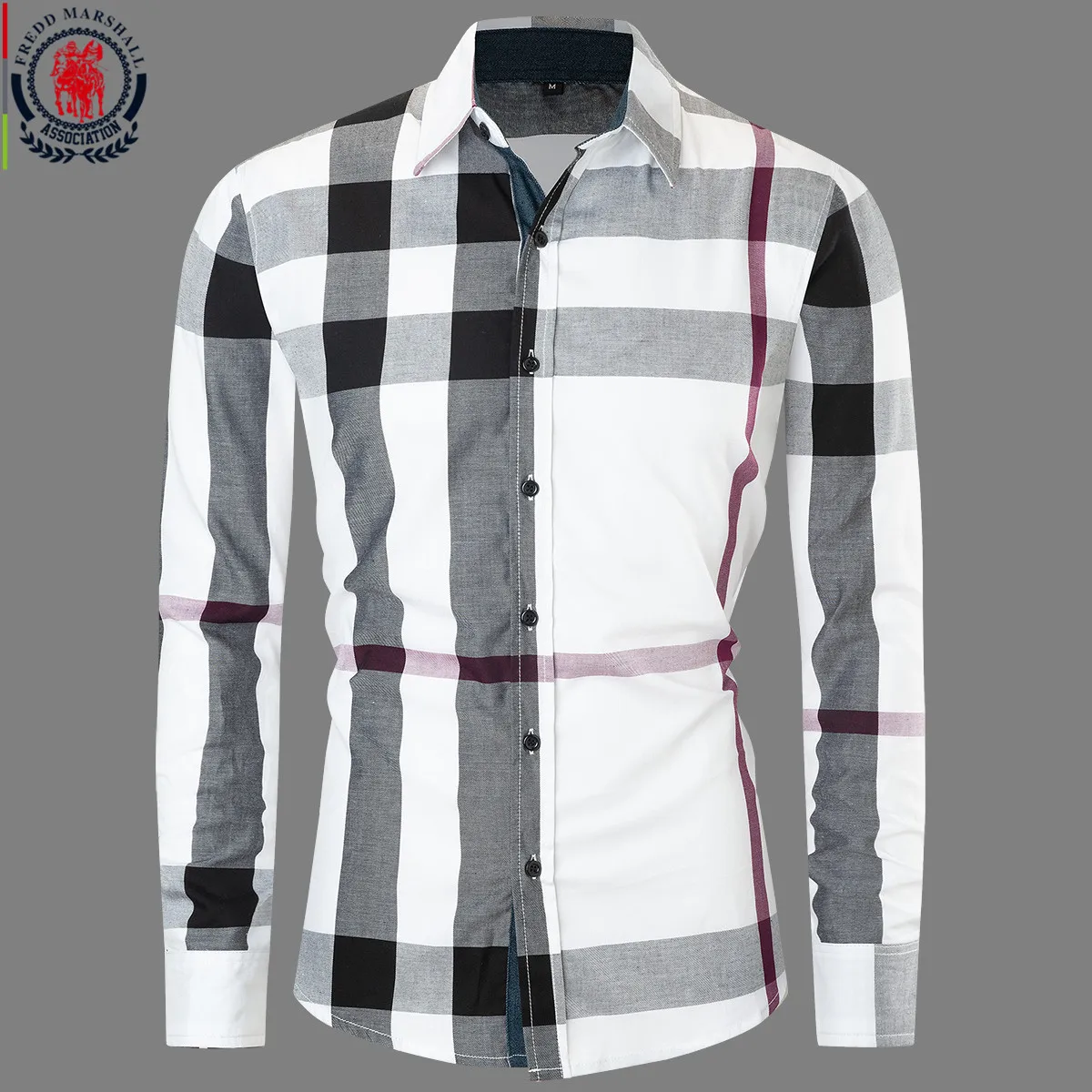 Fredd Marshall 2023 Summer New Fashion Random Plaid Shirt Long Sleeve Men Casual Button Down Social Dress Shirts Men\'s Clothing