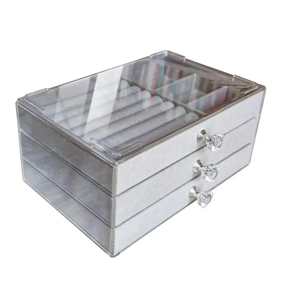 

High-Capacity Flannel Jewelry Box 3-Layer Transparent Earrings Necklaces Storage Acrylic Oxidation-resistant Drawer Storage Box