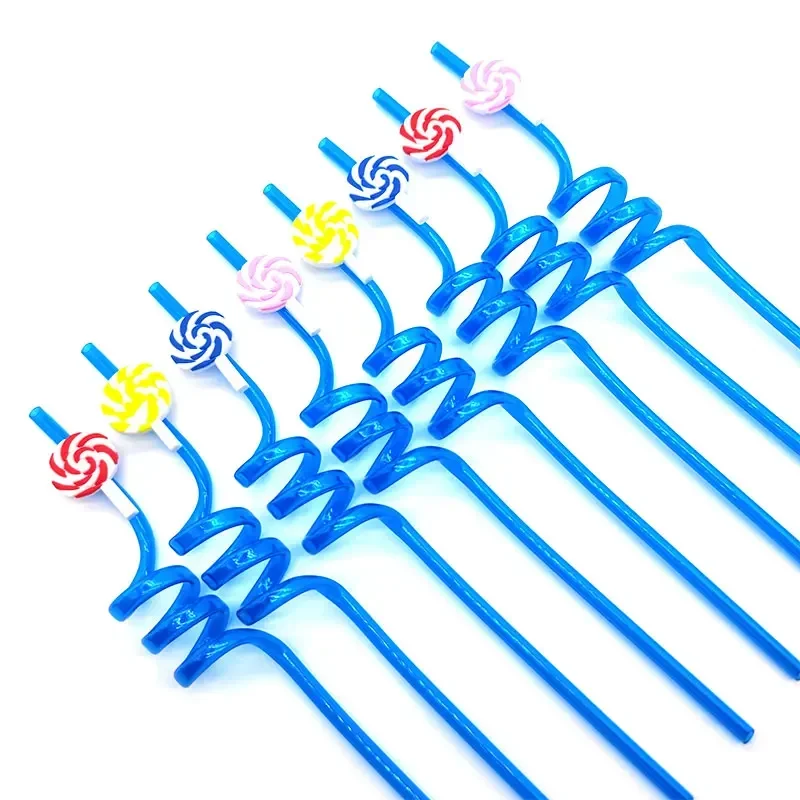 8pcs 26cm Cartoon Sweet Candy Lollipop Straw Reusable Plastic Spiral Drinking Straws Kids Grow Up Theme Birthday Party Decor