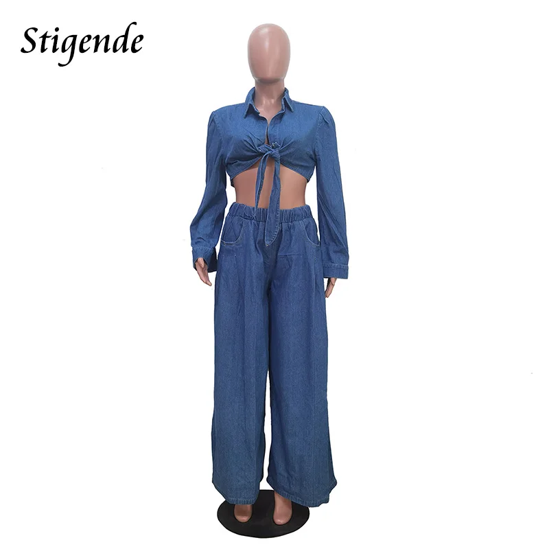 Stigende Loose Fit Denim 2 Piece Pants Set Women Long Sleeve Crop Top and Wide Leg Jeans