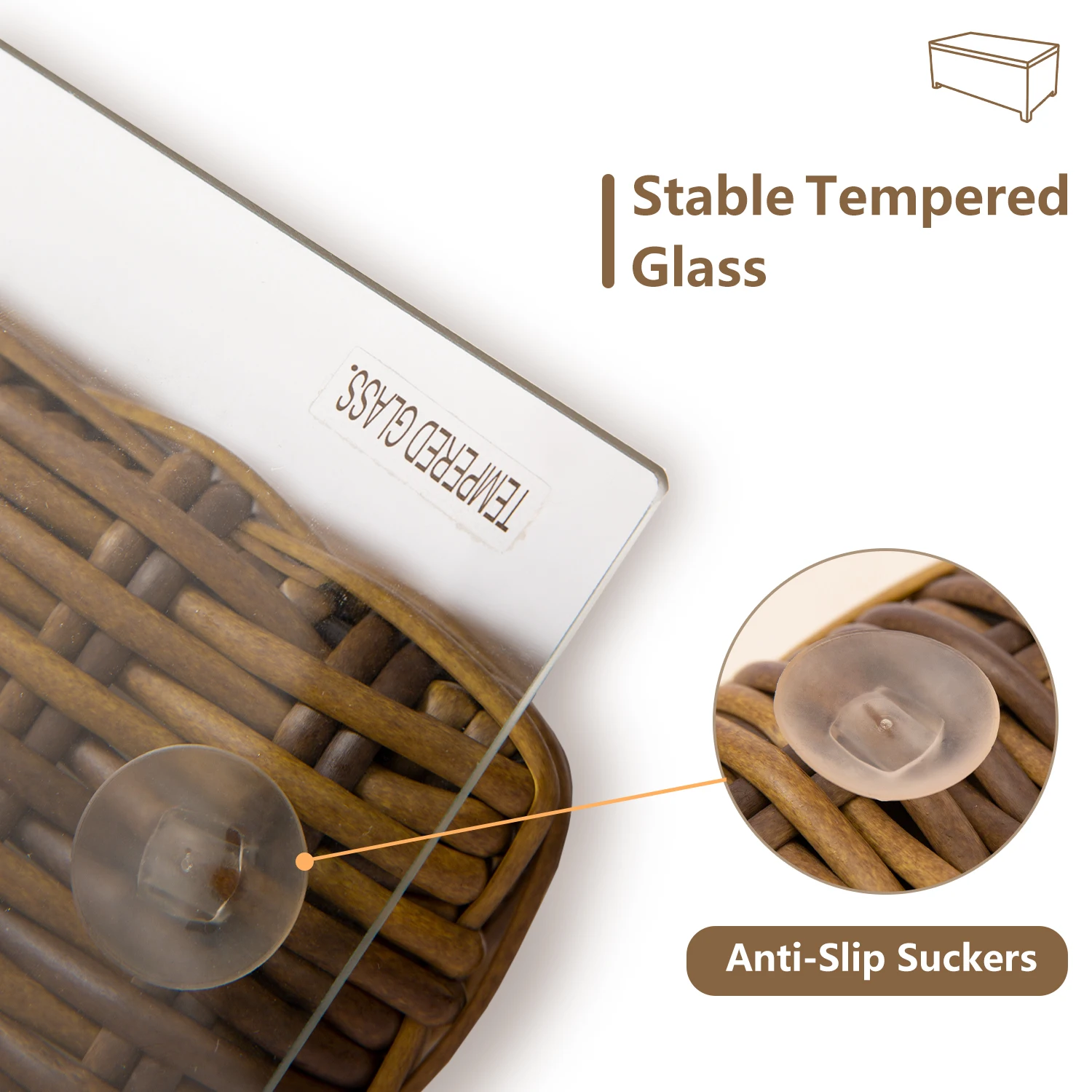 Table basse rectangulaire en rotin pour l'extérieur, petite table d'appoint carrée, dessus en verre, tous temps, étanche, PE, WUNICEF