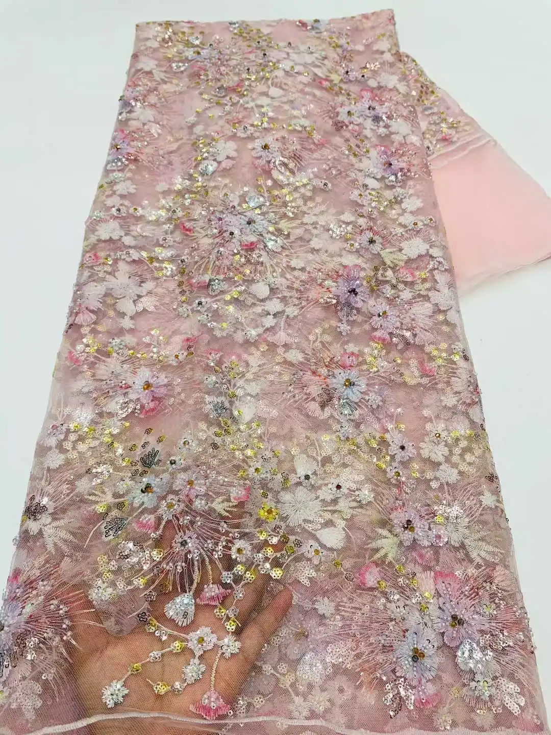 

African Sequin Lace Fabric New Design Hot Selling Embroidery Tulle French Bead for Bridal Wedding Dress Sewing.