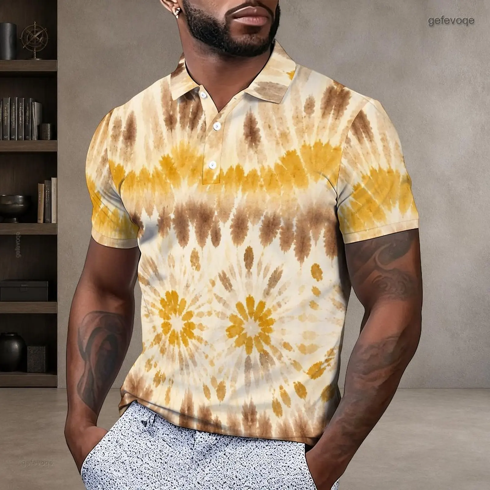 Short Sleeve Collared Neck Button Placket Printed Polo Shirt for Men