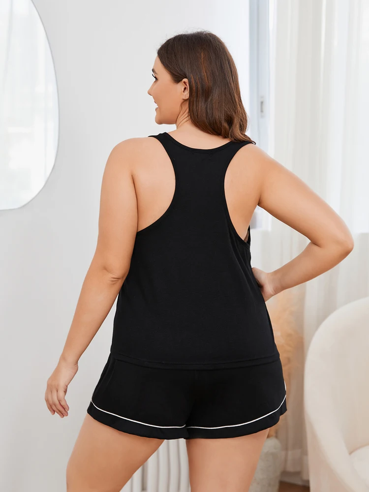 Plus Size Women\'s Pajamas Set Sleeveless Cami Top&Shorts 2 Pieces Sleepwear Suit Summer Racerback Nightwear Homewear Cloth