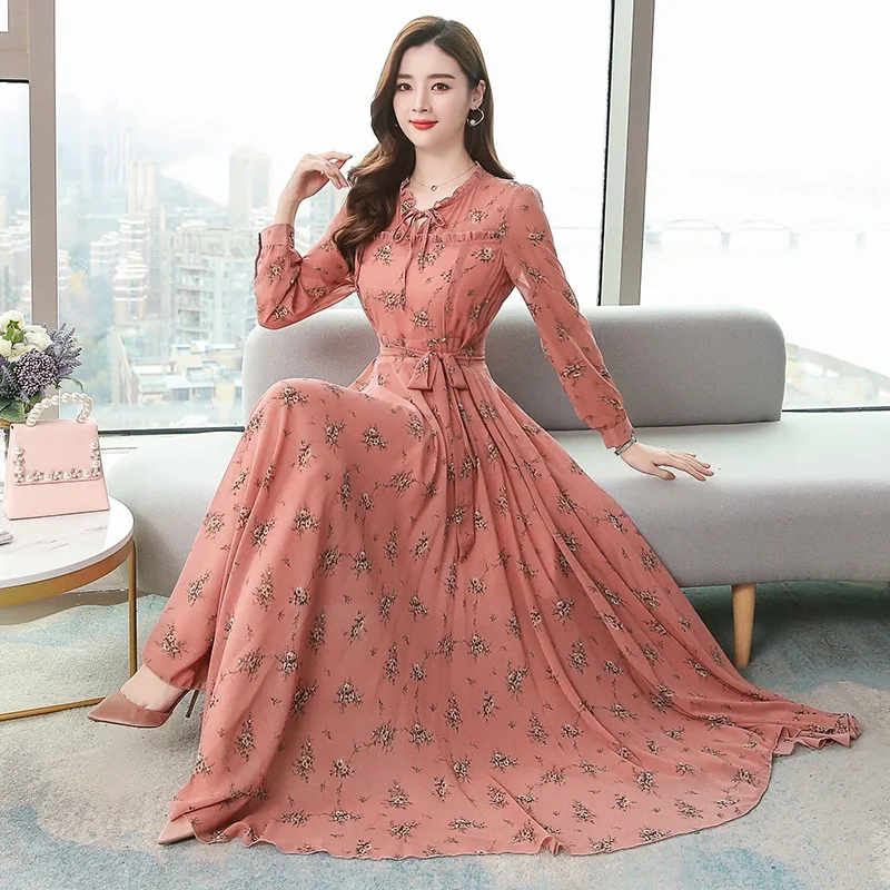 

ChunHua Elegant Long Sleeve Printed Dress Women's High Waist A-Line Skirt Style Spring Autumn New Arrival Slimming Dress