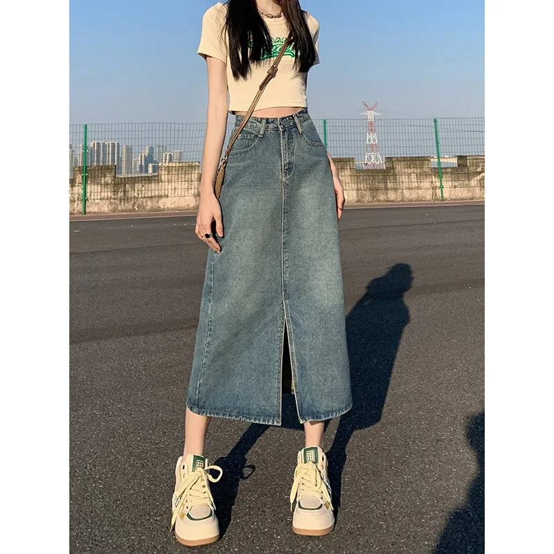 

Women's High Waist Denim Midi Skirt Vintage Washed Straight Jean Skirt with Front Slit